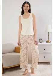  Collection Ecru Floral Lace Detail Viscose Knitted Pajamas Set Thmss25Pt00223