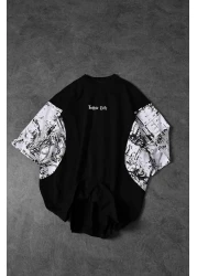 Slatra Men's Black Gothic Life Sleeve Printed Oversize Tshirt