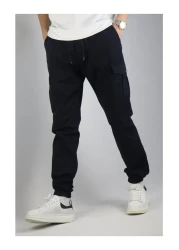 VIKUNYA Men's Summer Navy Blue Jogger Cotton Cargo Pants Adjustable Waist Elasticized Legs Comfort
