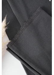 Collection Ribbed Knitted Pajamas Set - Anthracite, Cotton, Lace and Bow Detail Thmaw25Pt00206