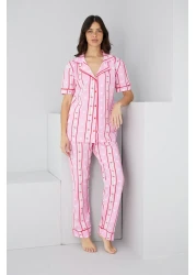 Siyah İnci Pink Red Line Pattern Cotton Buttoned Piping Knitted Pajamas Suit7886