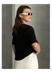 MODA T-Shirt Blouse Stoned Black Short Sleeve