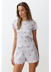  Collection Heart-Printed Grey Melange Slogan Pajama Shorts Set - THMSS24PT00220