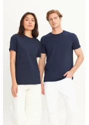 AC&Co / Altınyıldız Classics Men/Unisex Navy Blue 100% Cotton Slim Fit Slim Fit Crew Neck Basic T-Shirt