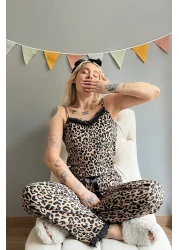 Pijamaevi Brown Leopard Printed Lace String Strap Knitted Women's Pajama Set