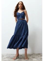  Collection تنورة طويلة من القطن النيلي - منسوجة واسعة، TWOSS24ET00059