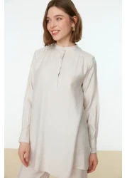  Modest Cream Half Hidden Placket Shoulder Detailed Tunic-Pants Woven Set TCTSS22US0098