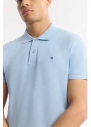 Avva تي شيرت رجالي ذو قصة عادية باللون الأزرق مصنوع من القطن بنسبة 100% سريع الجفاف وياقة بولو غير مجعدة B001032