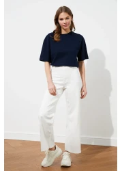  Collection Navy Blue 100% Cotton Back Embroidered Relaxed/Wide Relaxed Cut Crew Neck Knitted T-Shirt TWOSS20TS0121