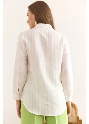 Olalook Women's Ecru Transparent Striped Regular Fit Draped Shirt Gml-19001334