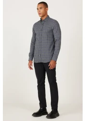 AC&Co / Altınyıldız Classics Men's Navy Blue Slim Fit Slim Fit Hidden Button Collar Checkered Thick Tufted Winter Shirt