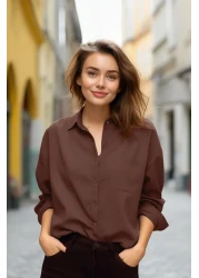  Collection قميص بني بجيب واحد/قميص من القطن المنسوج بقصة واسعة TWOAW20GO0115