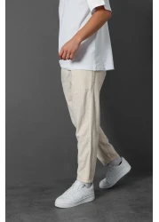 Slatra بنطلون كتان بيج - رجالي، ساق مزدوجة، مزخرف