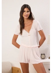  Collection طقم بيجامة محبوكة من الدانتيل الوردي والورد مع شورت مضلع IHLI