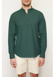  Collection Dark Green Slim Fit Half Placket Prevailing Collar 100% Cotton Shirt TMNSS20GO0097