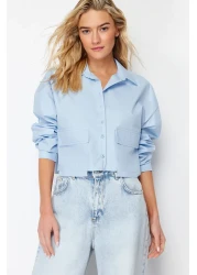  Collection قميص قصير منسوج باللون الأزرق - تفاصيل الجيب، مقاس عادي TWOSS24GO00098