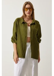 Happiness İstanbul قميص فيسكوز نسائي مخطط بالكاكي مع جيوب DE00030