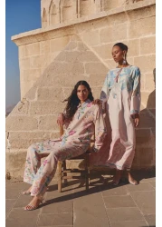  Modest Powder Linen Look Spanish Sleeves Belted Print Woven Dress Tctss25Eb00033