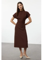  Collection A-Line Midi Dress - Brown, Degaje Collar, Crepe Woven Twoaw25El00393
