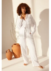  Collection White 100% Linen Elastic Waist High Waist Wide Leg Trousers TWOSS24JE00249