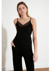  Collection Viscose Knitted Black Lace Pajamas Set - Rope Strap, Ribbon/Bow Detail Thmss20Pt0134