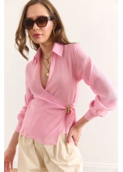 Olalook Women's Candy Pink Side Binding Detailed Modal Blouse Blz-19002946