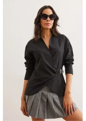 Olalook Women's Black Shirt Collar Belt Detail Shirt Gml- 19001277