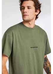 GRIMELANGE River Men's - Embroidery Detailed Oversize Khaki T-Shirt 100% Organic Cotton