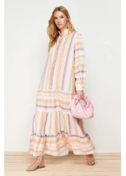  Modest Linen Look Woven Dress with Multi-Colored Striped Skirt and Ruffles TCTSS24EB00105