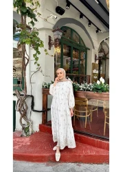 LOCCO فستان نسائي منقوش بالباقة باللون الأبيض