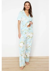  Collection Blue 100% Cotton Floral Print Knitted Pajamas Set Thmss20Pt0062