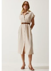 Happiness İstanbul Women's Cream Belted Woven Dress MX00155