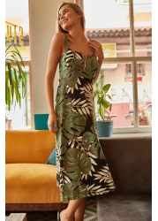 Olalook فستان أخضر بنمط نخيل كبير مزود بسحاب ELB-19000615 نسائي