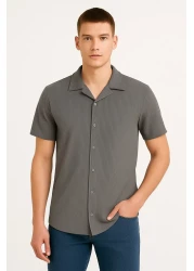 mavisima erkek giyimi قميص صيفي بأكمام قصيرة وأزرار باللون الرمادي للرجال - قصة مريحة، تصميم أنيق