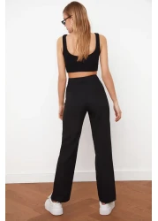  Collection Black Straight Cut High Waist Ribbed Stitched Woven Trousers TWOSS21PL0093