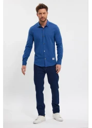 DeepSea قميص رجالي من الليكرا بقصة ضيقة باللون الأزرق الداكن - بأكمام طويلة وأزرار كبس2403013