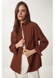 Happiness İstanbul Women's Chocolate Oversize Long Basic Shirt DD00842