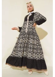 Bigdart Women's Black Cream Patterned Viscose Hijab Dress 2423