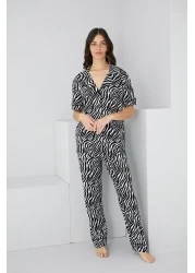 Siyah İnci Black and White Zebra Pattern Cotton Buttoned Ribbed Knitted Pajama Suit7352