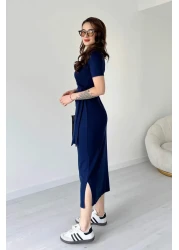 TrendyFashion Women's Navy Blue Modal Fabric Side Tie Detail Av Anzav 1574 Slit Dress