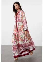  Modest فستان منسوج من الفيسكوز باللون العنابي مزين بالزهور - TCTSS24EB00221