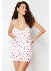  Collection طقم بيجامة محبوك من القطن الأبيض 100% دانتيل محبوك على شكل قلب مع حمالات وشورت THMSS24PT00106