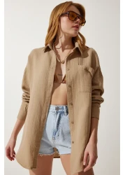 Happiness İstanbul قميص موسلين كبير الحجم بجيب بيج للنساء MX00150