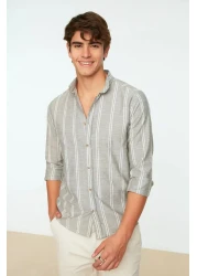  Collection قميص كاكي رفيع مخطط بقصة ضيقة - ياقة بأزرار TMNSS20GO0092