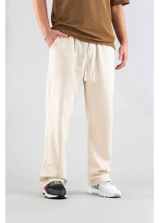 bombe Men's Beige Linen Trousers Comfortable Fit Belted Drawstring Elastic Waist Linen Trousers
