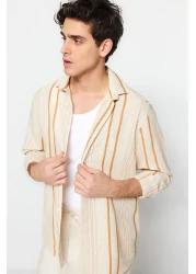  Collection Premium Camel Stripe Linen Shirt - Regular Fit Tmnss23Go00056