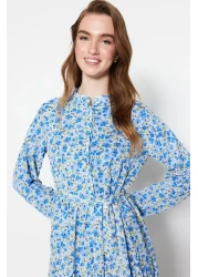  Modest Light Blue Floral Print Belted Stand Collar Lined Chiffon Woven Dress TCTSS21EL3346