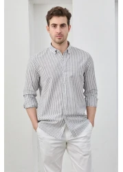 RAVANELLI قميص رجالي من القطن والكتان مخطط باللون الأسود بقصة ضيقة