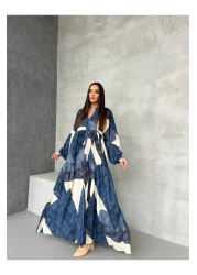 PREMİER VİE Marineblau Ecru Viskose Dress with Teseture Pattern