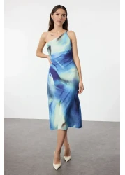  Collection Blue Chiffon Maxi Dress - Abstract Pattern, Cape Detail, Lined - Twoss25El00014